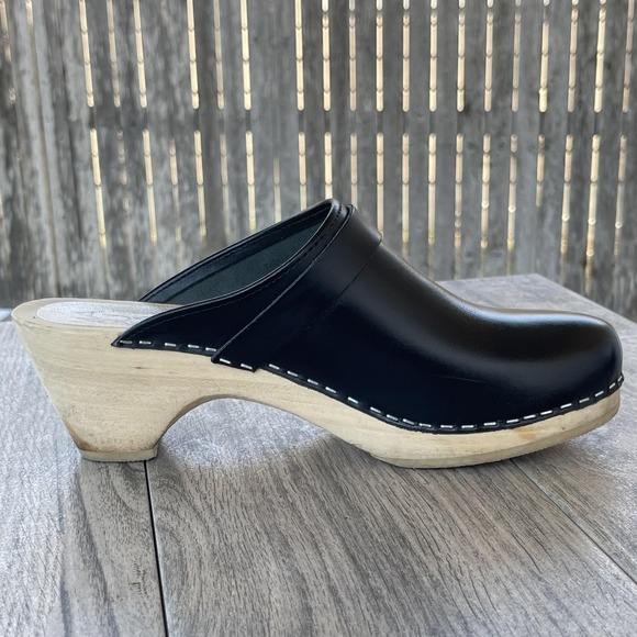 Maguba Sweden Clogs Women 9.5 EU 40 Black Leather Wooden Heel Platform Slip On - Picture 10 of 15